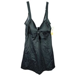 Le Cove Womens Polka Dot Tie Front Swimdress Black Turquoise Size 16 NEW